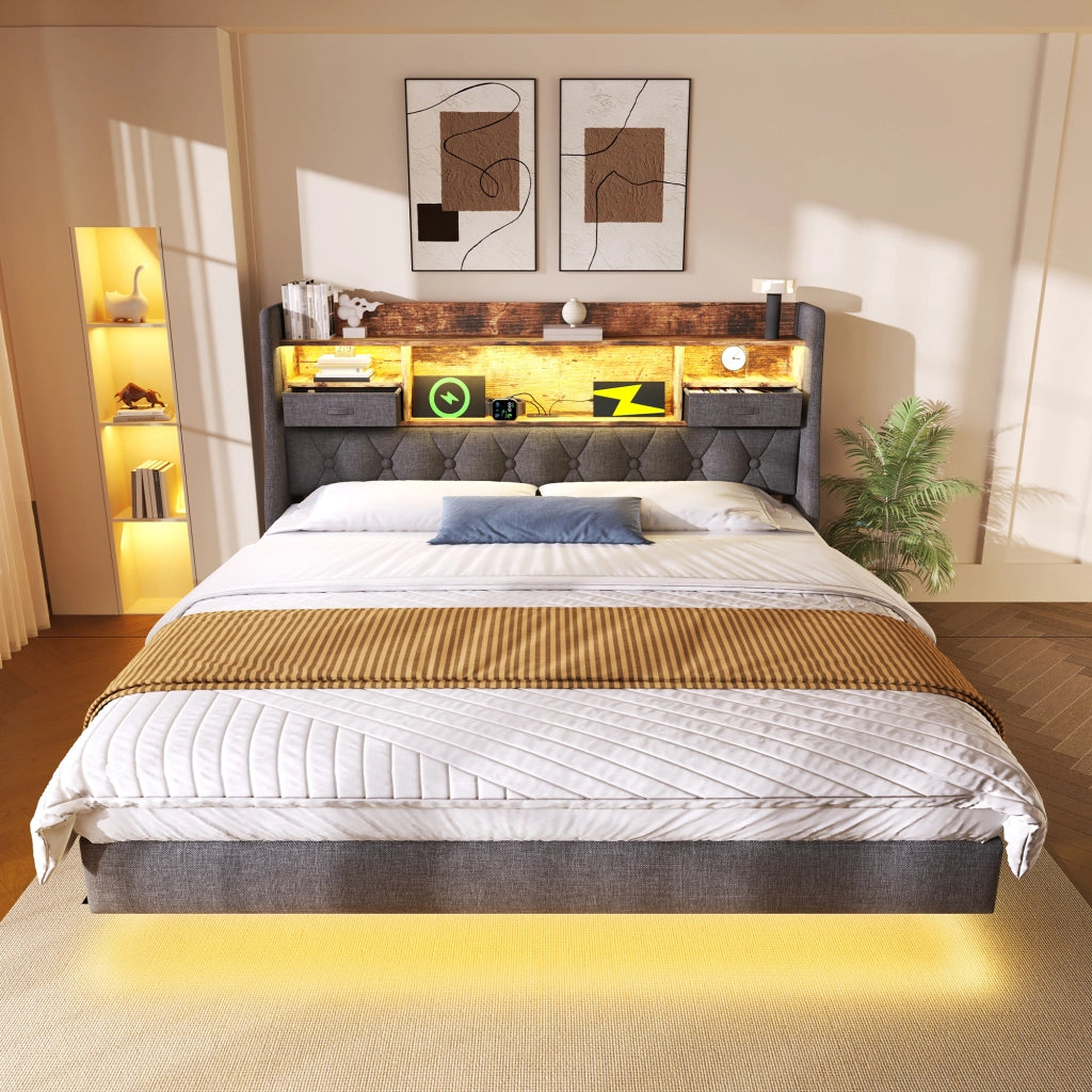 LETTO 140x200 cm in lino grigio con LED e porte USB Type-C