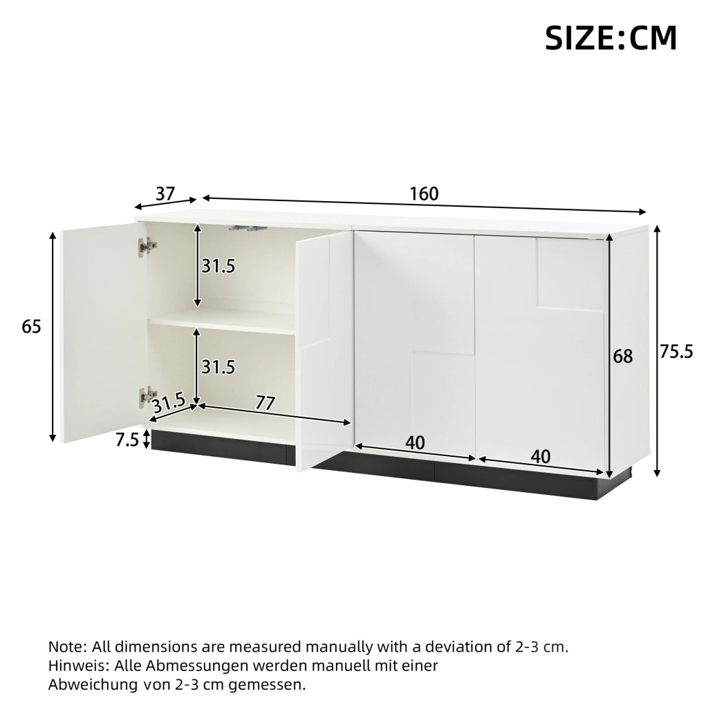 Sideboard da soggiorno 160x37x75;5 cm con 4 ante; bianco lucido e base nera