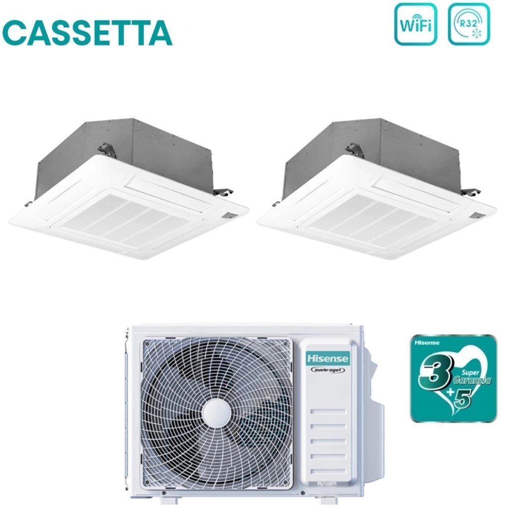 Climatizzatore Condizionatore Hisense Dual Split Inverter a Cassetta 9+9 con 2AMW42U4RGC R-32 Wi-Fi Optional 9000+9000 con Telecomando e Pannello Incluso