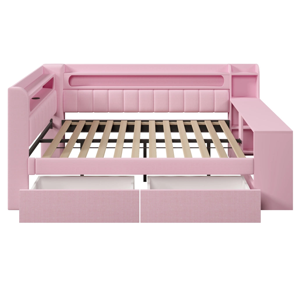Daybed imbottito 140x200 cm rosa con USB, LED, scrivania e 2 cassetti