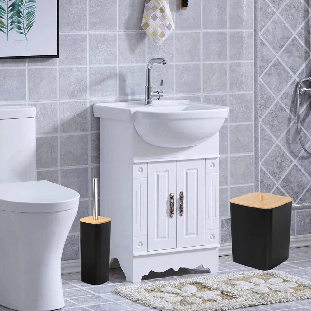 Trade Shop - Set Accessori Bagno In Bambù 6 Pz Moderno Bidone Spazzatura Portasapone Dispenser - Nero