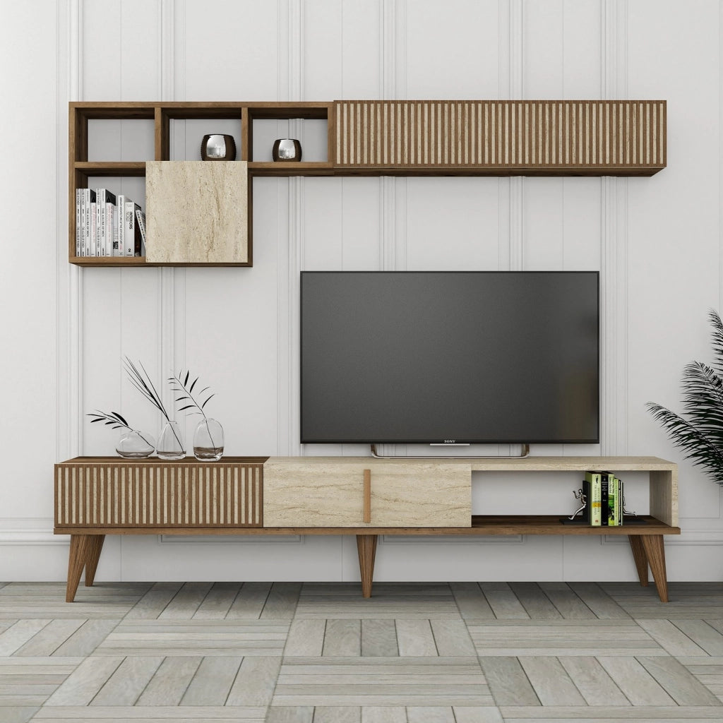 Porta TV in legno "Milan" - 180 x 35 x 40 cm - Noce, Travertino