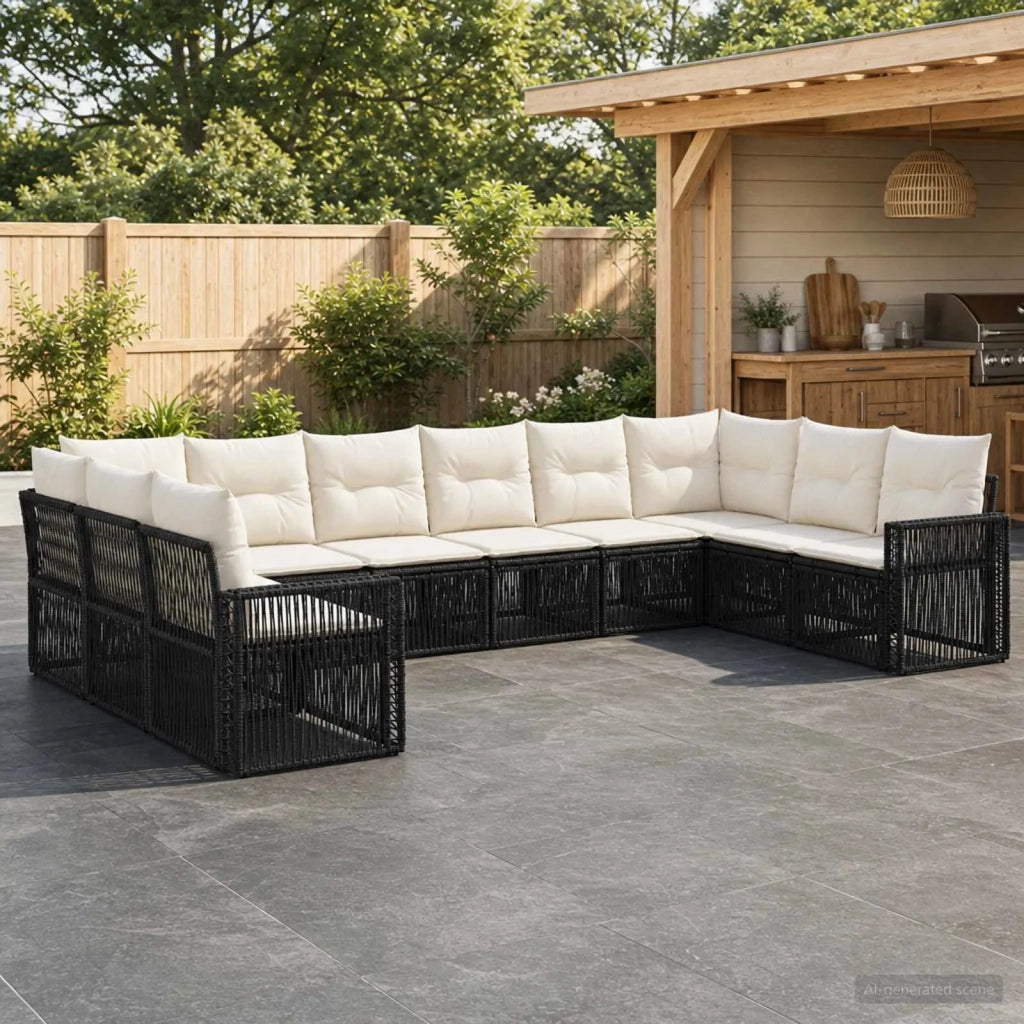 Set Divano da Giardino 10 pz Nero e Bianco Crema polyrattan 3435232