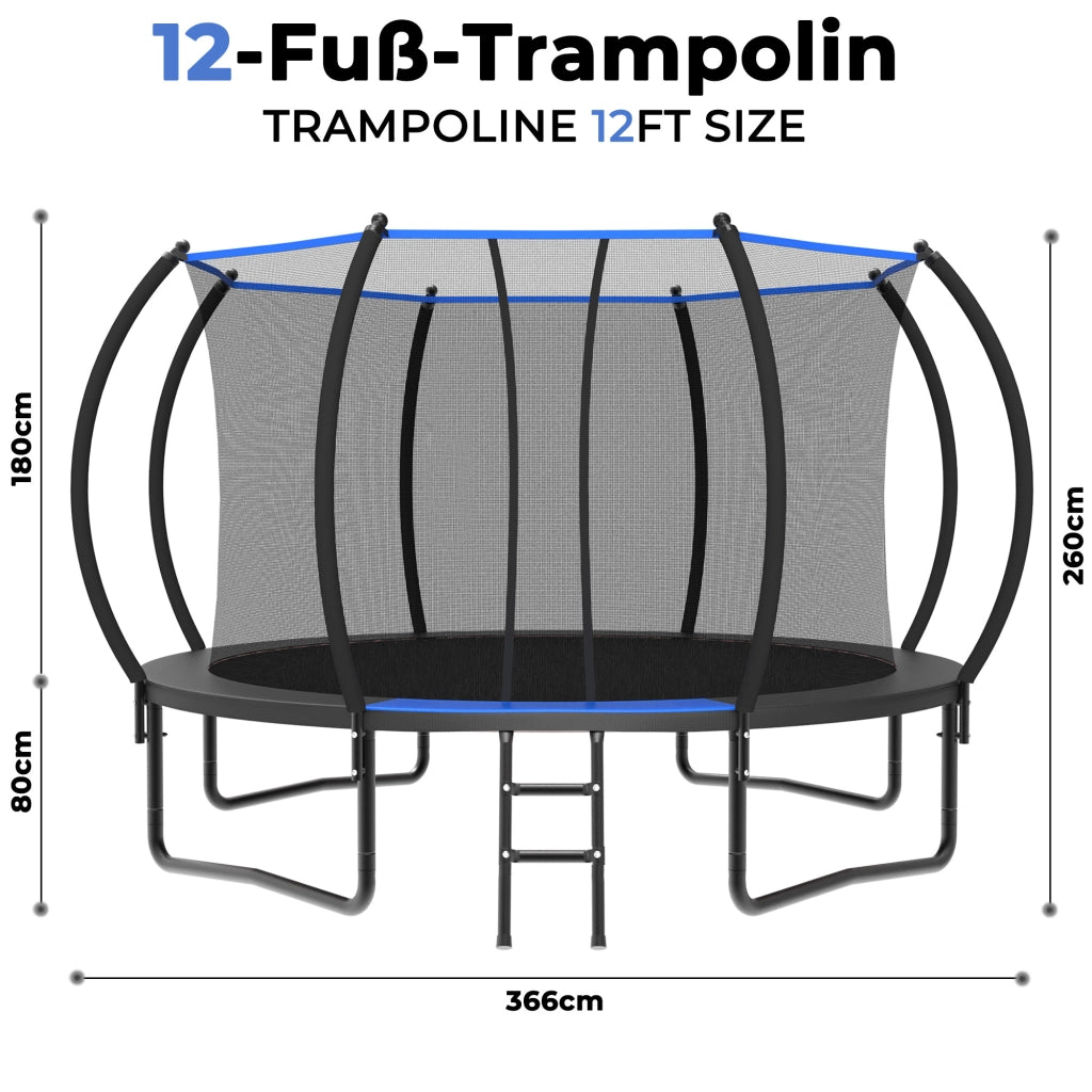 Trampolino rotondo 366 cm con rete di sicurezza e scala, per esterno, in acciaio, nero e blu