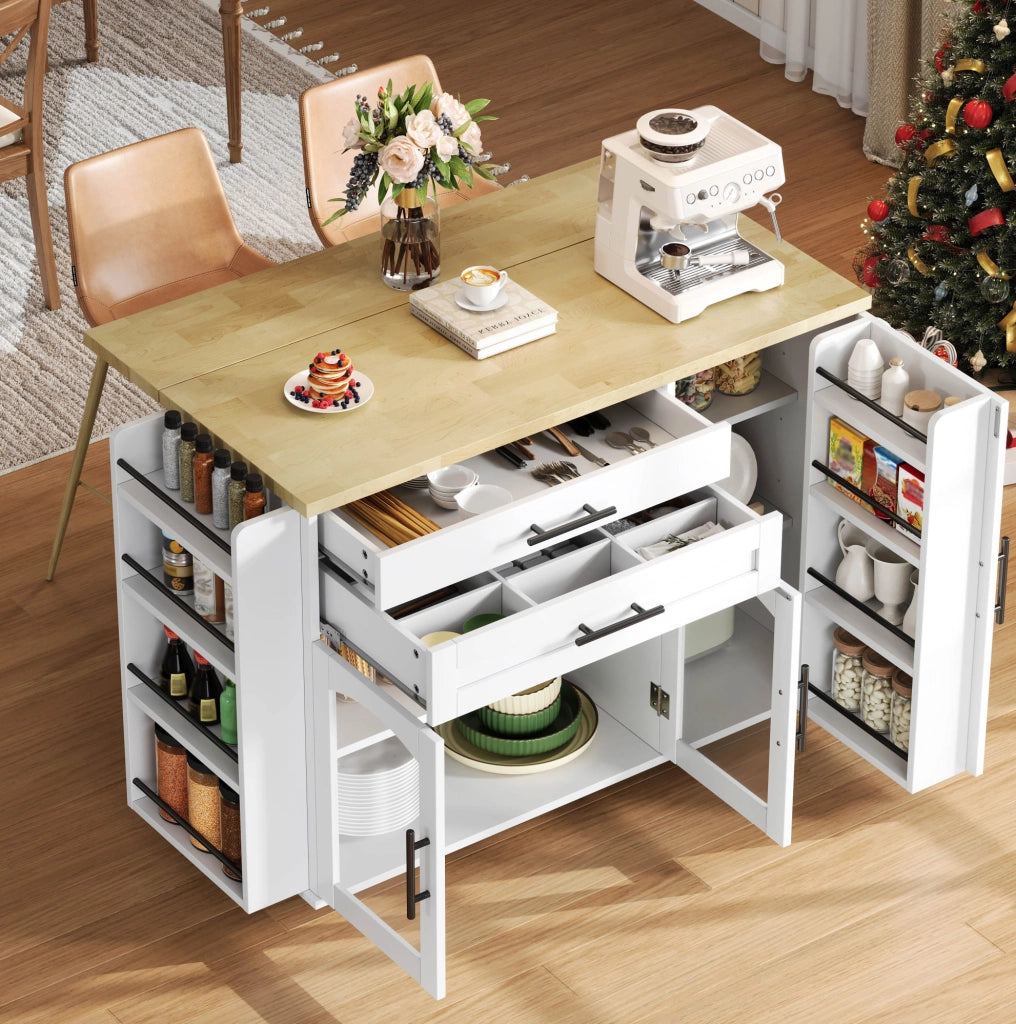 Isola da cucina mobile in MDF naturale e bianco con piano ribaltabile; 120 x 45/70 x 90 cm