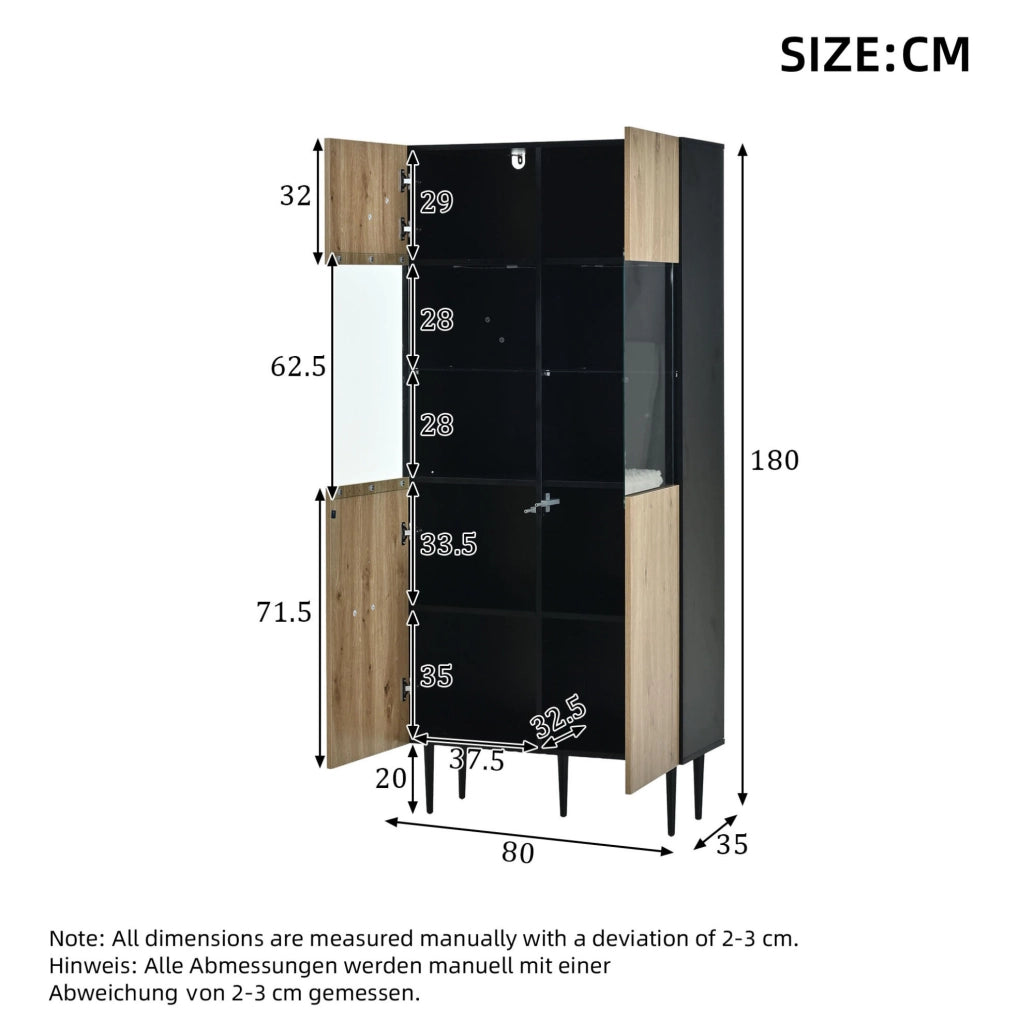 Vetrina 80x35x180 cm con illuminazione LED e 10 vani in MDF nero e naturale