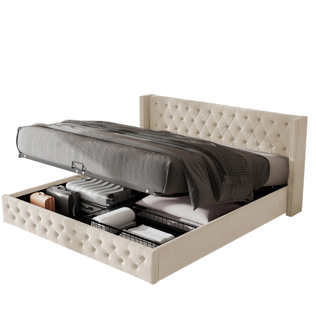 Letto imbottito matrimoniale 140x190 cm in velluto beige con contenitore e rete a doghe