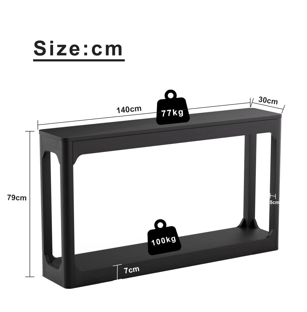 Tavolo consolle nero 140 cm con ripiani aperti, struttura in MDF, design moderno minimalista