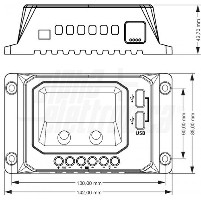Regolatore di carica PWM 12/24V 10A con display, uscita USB 5V e crepuscolare configurabile