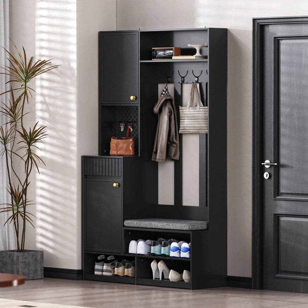 Set Ingresso con Panca, Ante, Cassetti e Ganci ¨C MINIMAL ¨C Nero 100¡Á180¡Á35 cm