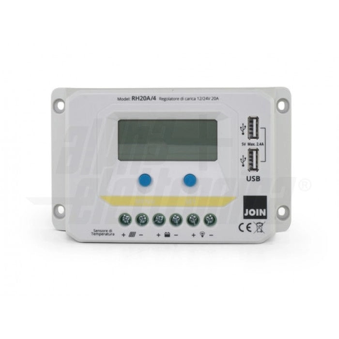 Regolatore di carica PWM 12/24V 20A con display, uscita USB 5V e crepuscolare configurabile