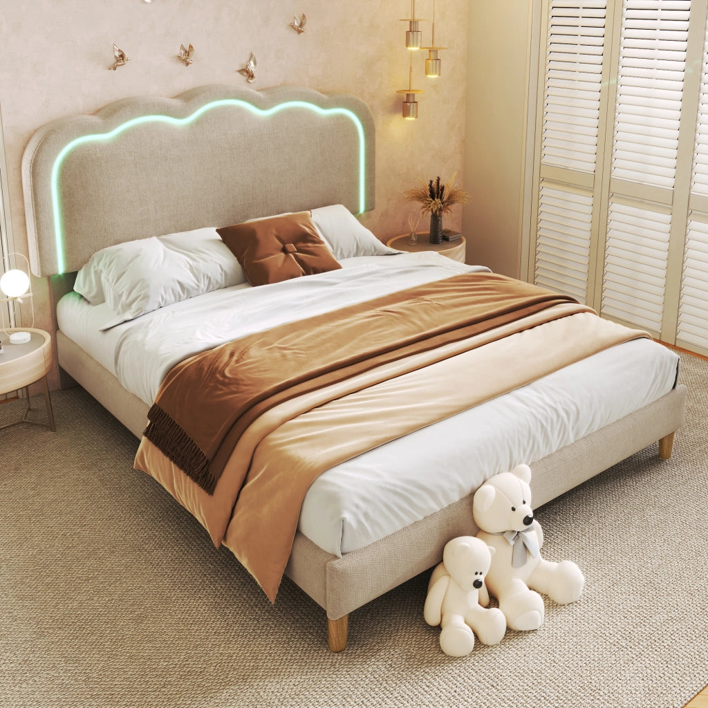 DESMIU Letto Imbottito Letto Matrimoniale con LED Regolabile e Testiera Regolabile 140 × 200 cm, Senza Materasso, Beige