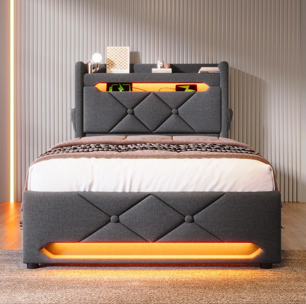 Letto singolo 90x200 con LED, USB e materasso incluso