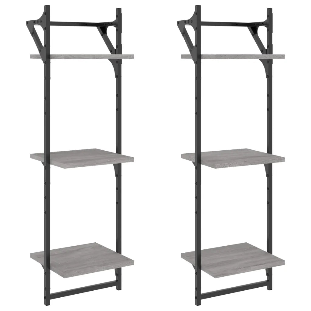 2 pz Mensole a Parete | Scaffale Parete | Ripiano a parete con Aste Grigio Sonoma 30x25x100 cm