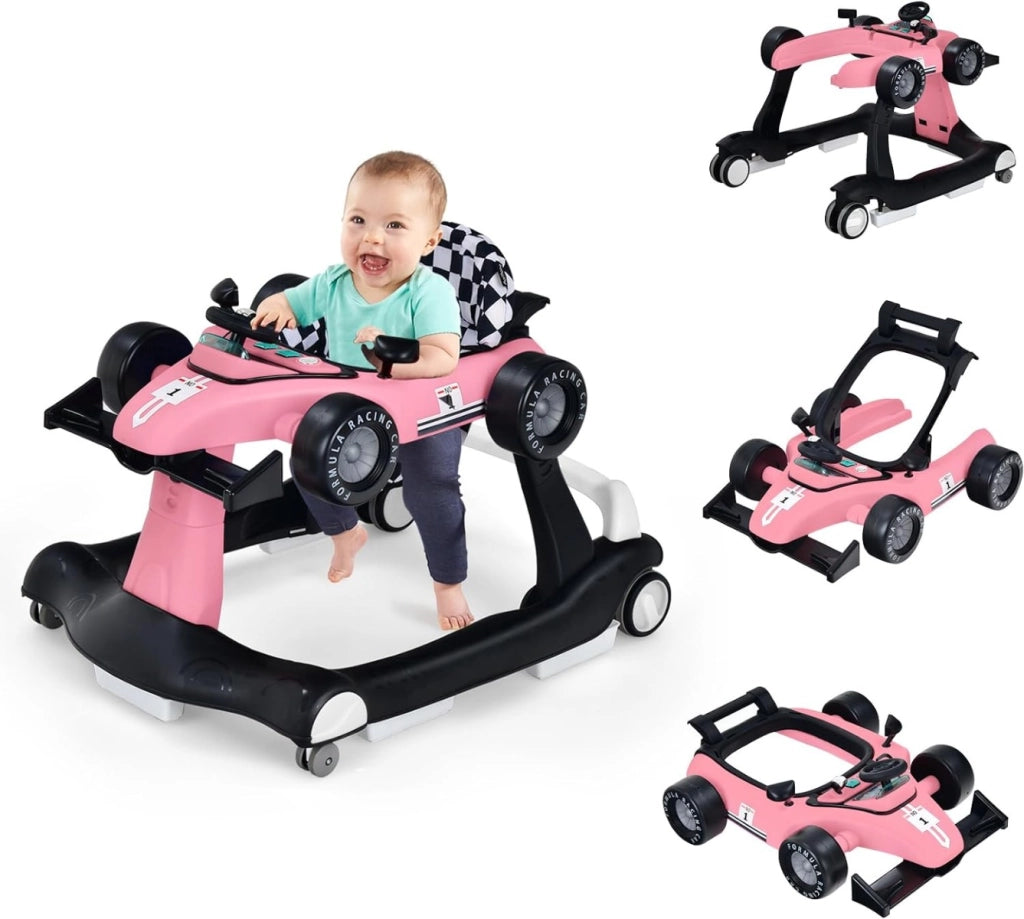 Primi passi 4 in 1 per neonati con altezza e velocit¨¤ regolabili, Primi passi a spinta con carillon con luci Rosa