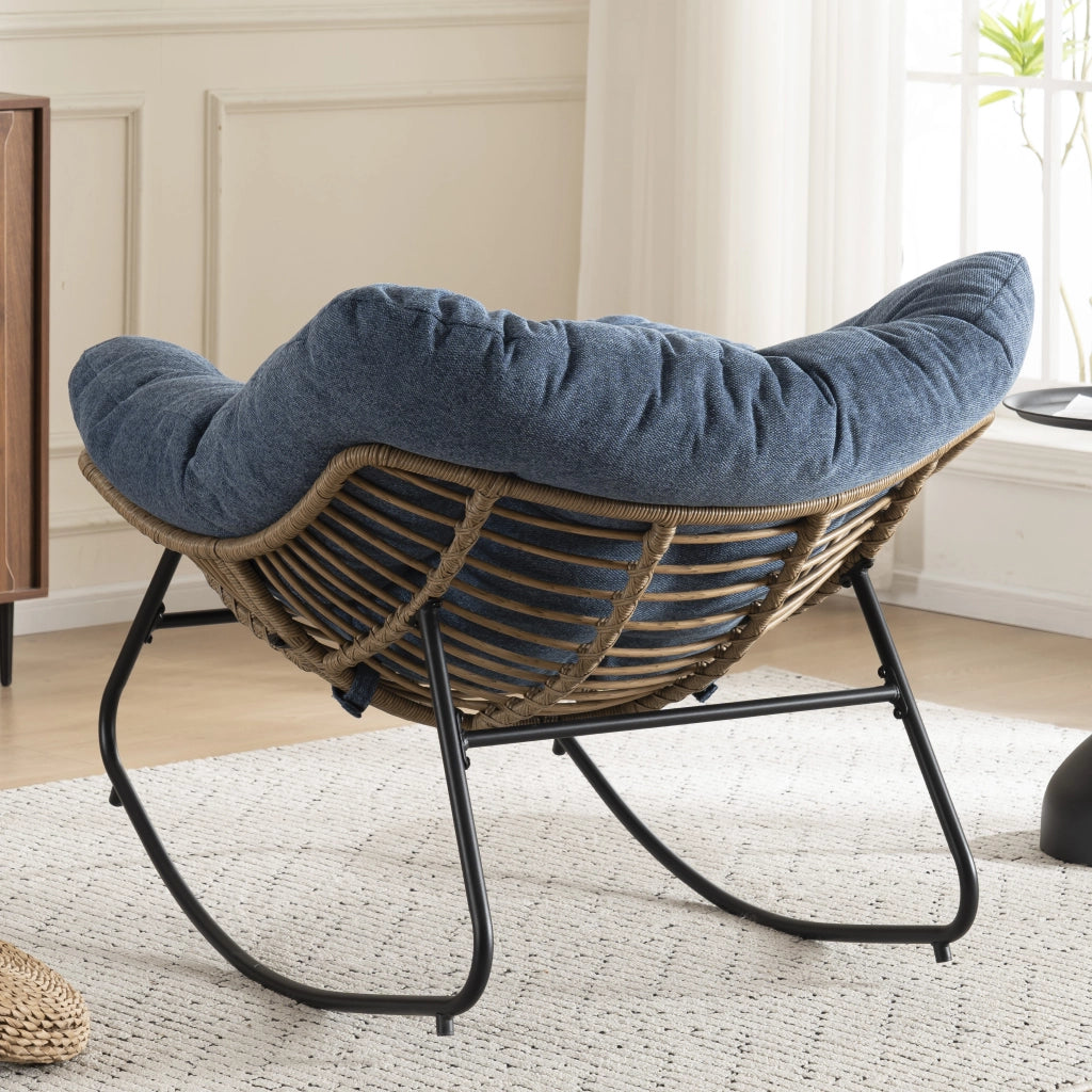 Poltrona Papasan a dondolo in ciniglia con struttura in metallo ergonomica per relax in soggiorno e esterno blu