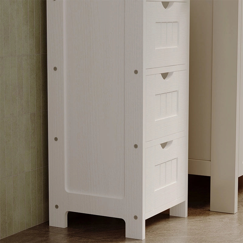 Mobile da bagno stretto, colonna a scaffali bianca con cassetti e ripiano, stile scandinavo