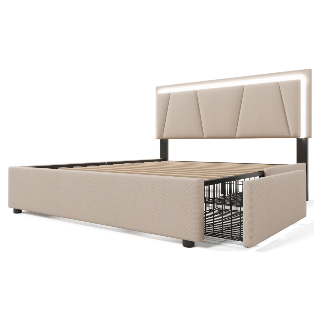 DESMIU Letto contenitore 160 × 200 cm 2 posti con LED, 4 cassetti, testiera regolabile, senza materasso, beige