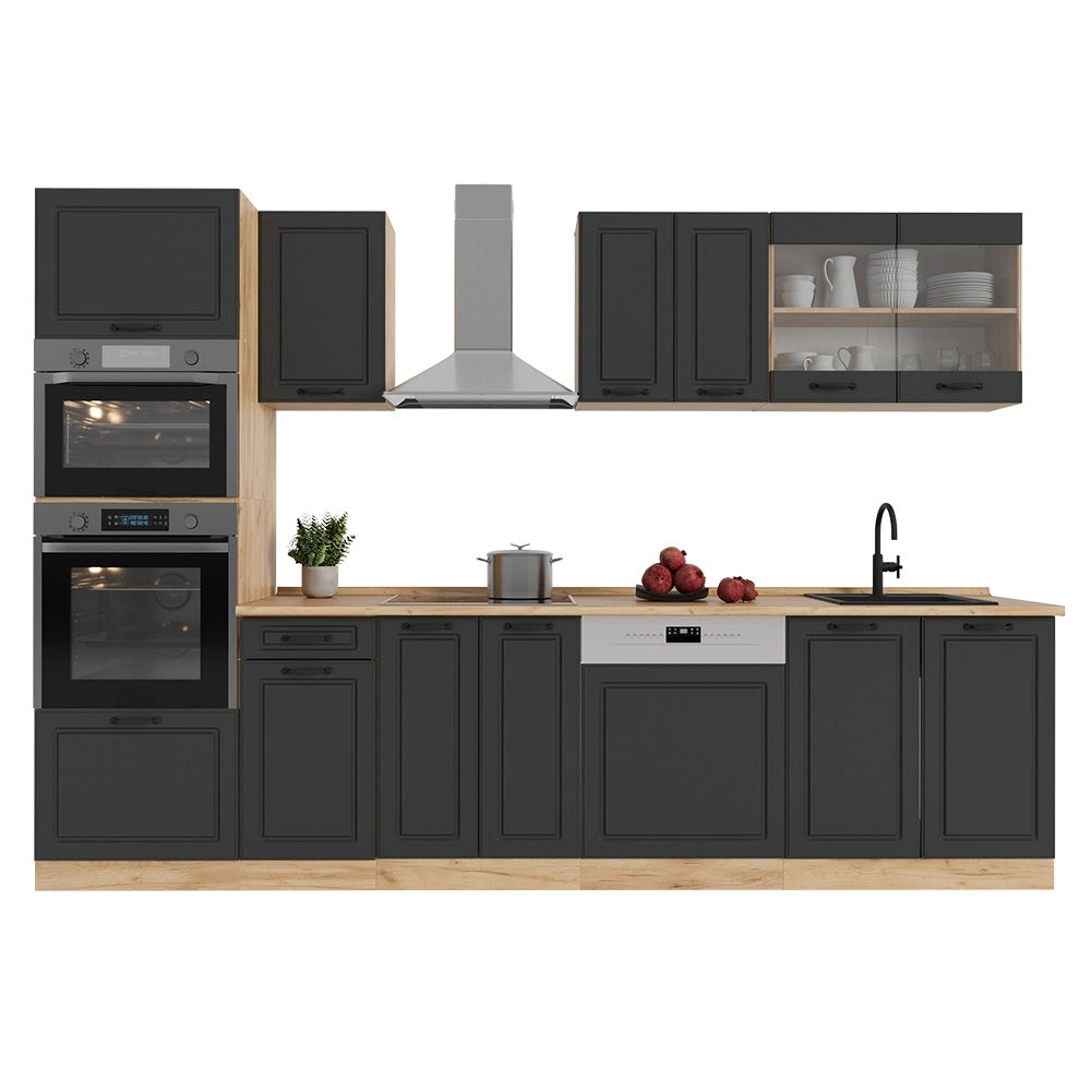 Cucina componibile R-Line Antracite rustico/Rovere dorato 300 cm con armadio alto, PL Rovere Vicco