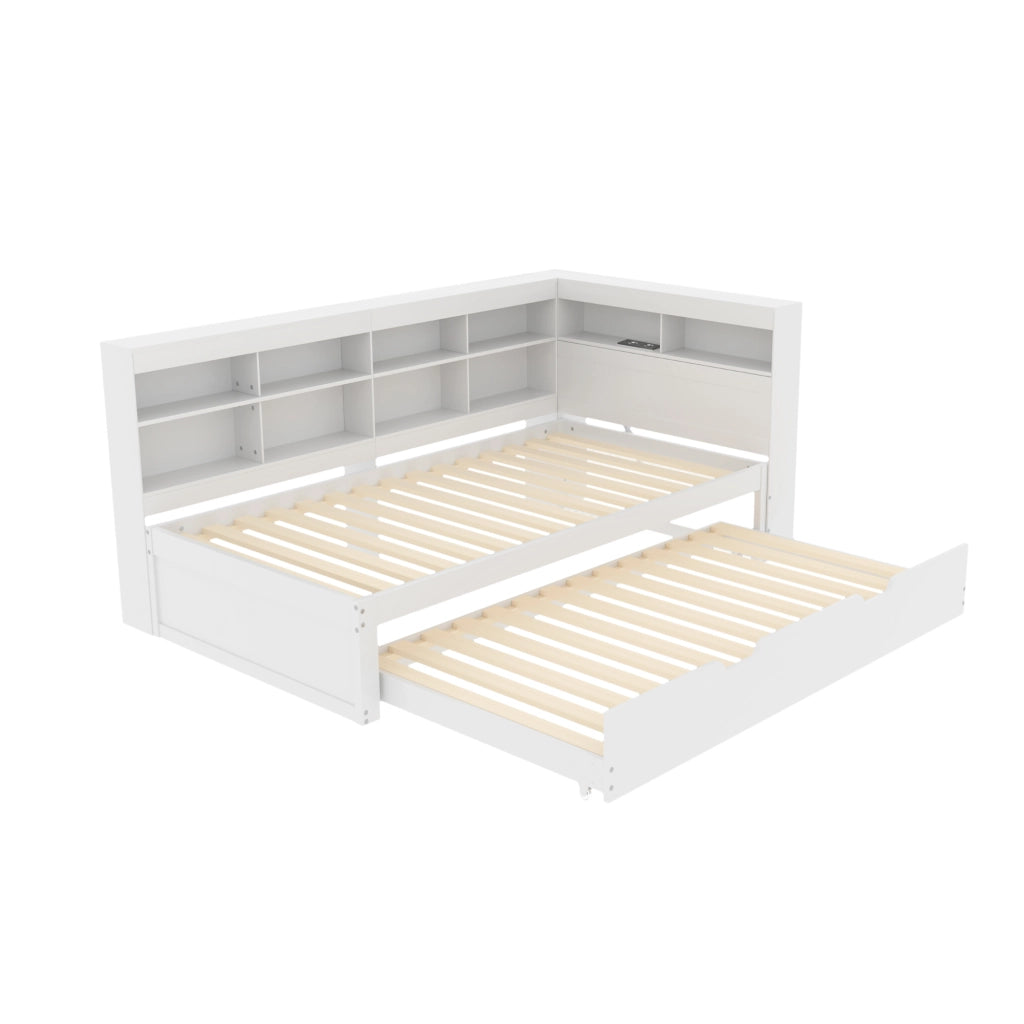 OKWISH Letto estraibile 90×200 cm, Letto Singolo con USB, vani contenitore e mensole, 90×190 cm, senza Materasso, in Legno, Bianco