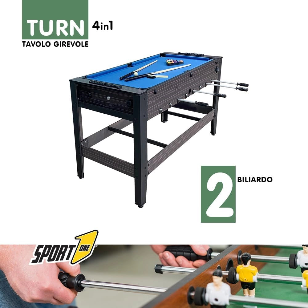 Sport1 Supertavolo 4in1 girevole. Tavolo multigioco indoor: calcetto, ping pong, hockey, biliardo. Completo di accessori