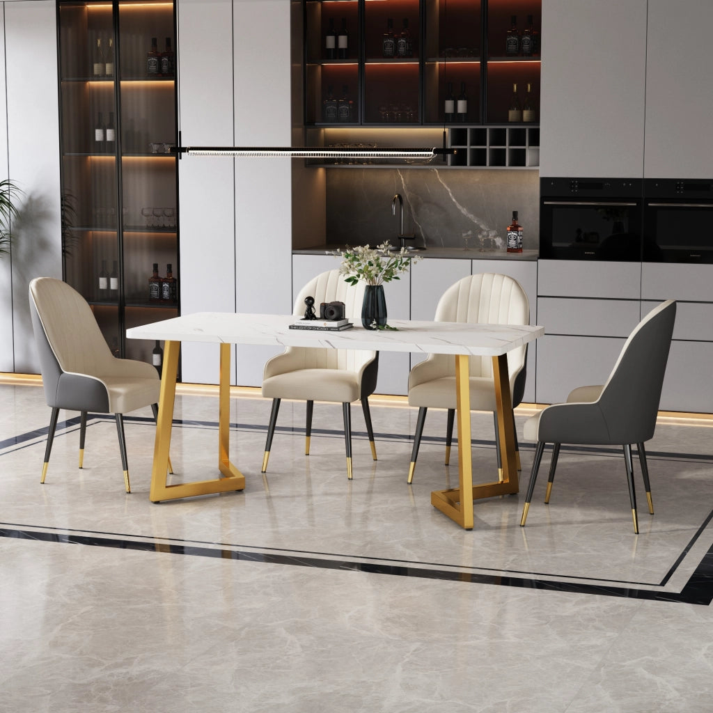 Tavolo da pranzo rettangolare 117x68 cm in MDF effetto marmo bianco con gambe in metallo dorato