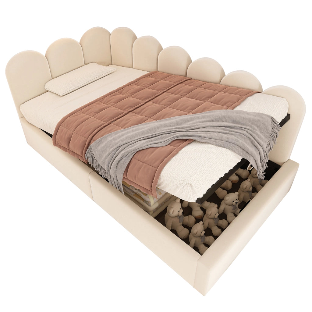 OKWISH Letto Banquette 90×200 cm, Letto Singolo con Contenitore Idraulico e Testiera, senza Materasso, in Velluto, Beige