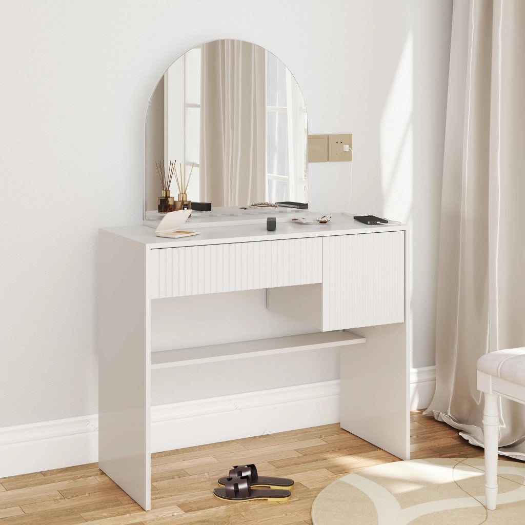 Tavolo trucco con specchio arcuato, 2 cassetti, design moderno, bianco, MDF