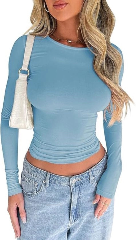 T-shirt femminile - Tela soffice - Maniche lunghe - Cintura stretta - Maglietta base - Ideale per primavera/autunno/inverno - Pieno di vita - Maglietta femminile