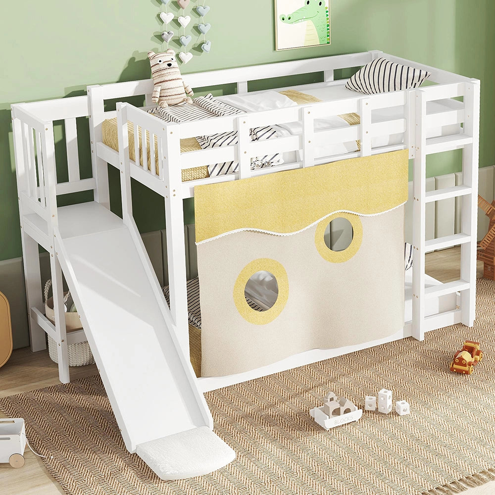 Letto a castello-Xylo-90x200cm scala barriere tenda scivolo pino+MDF