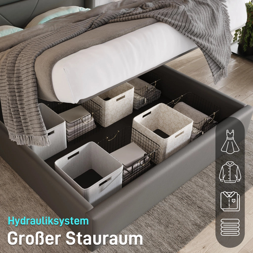 DESMIU Letto contenitore 140 × 200 cm 2 posti con LED regolabile e vano contenitore idraulico, senza materasso, in PU, grigio
