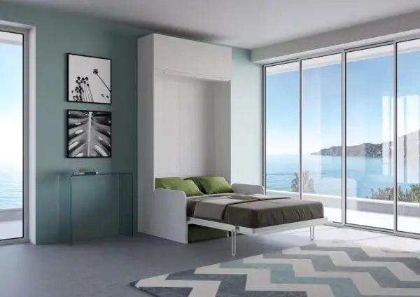 Letto una piazza e mezzo a scomparsa 120 Kentaro con divano e pensile  bianco frassino, verde