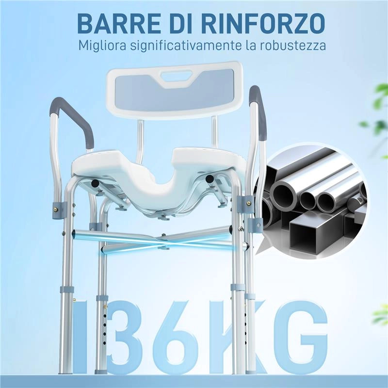 SGABELLO DA DOCCIA CON SEDUTA SCANALATA E BRACCIOLI ALTEZZA REGOLABILE E PIEDINI ANTISCIVOLO AZZURRO