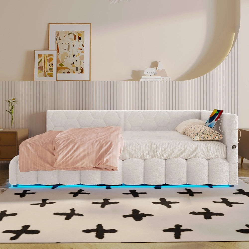 Letto Contenitore Imbottito con LED ¨C MINIMAL ¨C 90x200, Bianco, Idraulico, USB