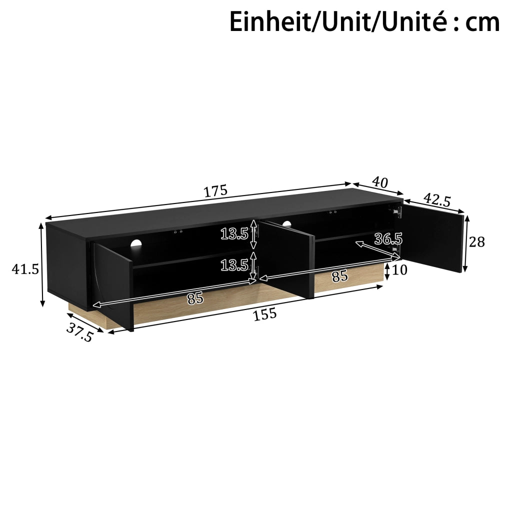 Mobile TV con 4 ante e 2 ripiani per soggiorno; apertura push to open; MDF nero; 175×40×41.5 cm