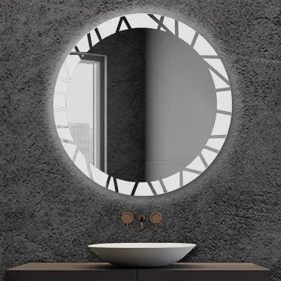 Specchio bagno tondo 80 cm con cornice LED retroilluminata e decorata