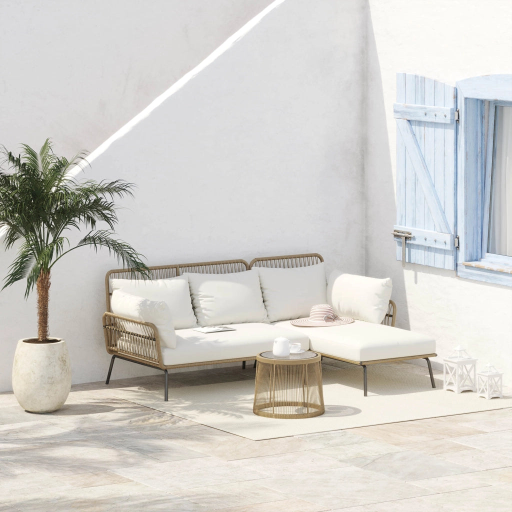 Set da Giardino in Rattan Stile Boho Chic con Divano Angolare e e Tavolino, Crema e Caff¨¨
