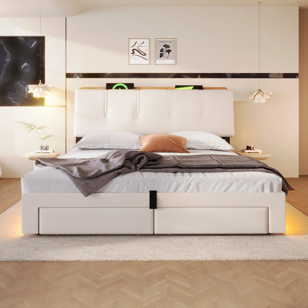LETTO Contenitore 140x200 cm in lino beige con USB, Type-C e LED