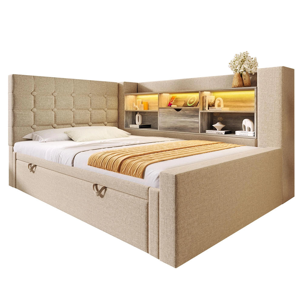 Letto imbottito con letto a scomparsa - Xylo - 90x200 cm - Beige - LED, testiera a L con spazio di archiviazione