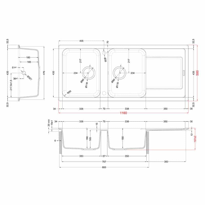 Lavello Elleci Incasso 2 vasche 116x50 Life 500 Granitek Grigio Cemento LG250048