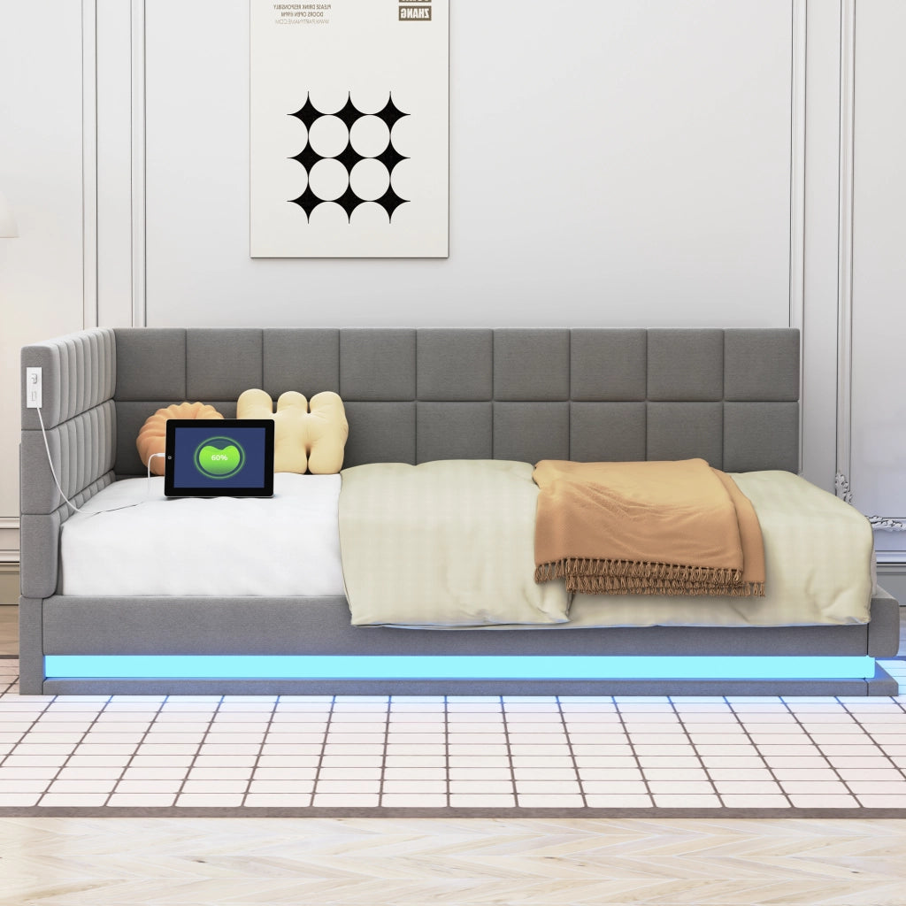 LETTO DIVANO Imbottito 140x200 cm Grigio in Lino con LED e USB