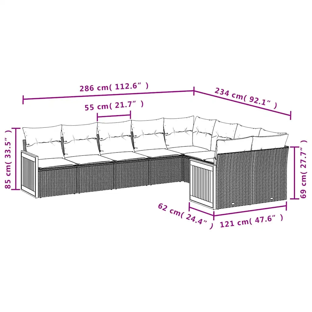 Set Divani da Giardino 9 pz con Cuscini Nero in Polyrattan 3227982
