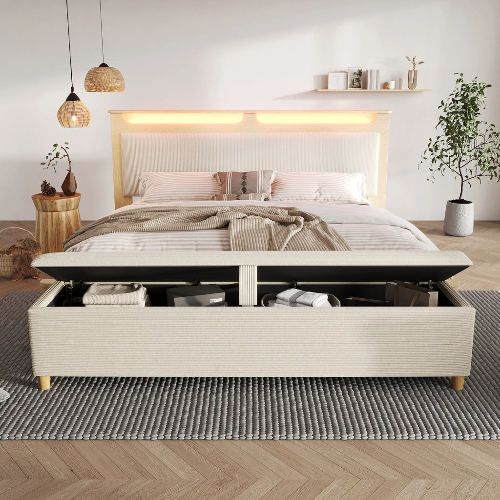 Letto matrimoniale 140×200 cm con LED; testiera con ripiano e panca contenitore; materasso incluso; legno; beige