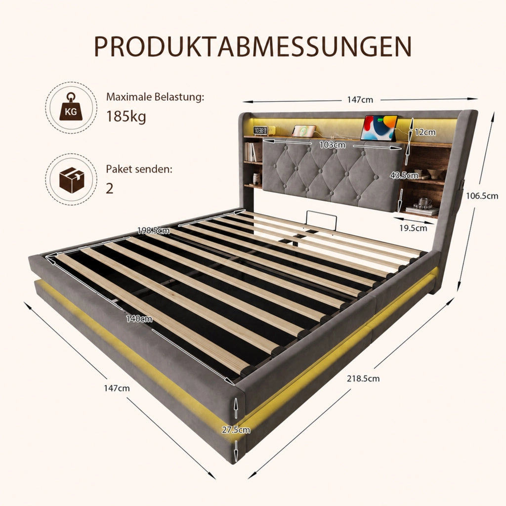 Letto Contenitore 140x200 cm; Letto Matrimoniale con LED; USB; Type-C e Ripiani