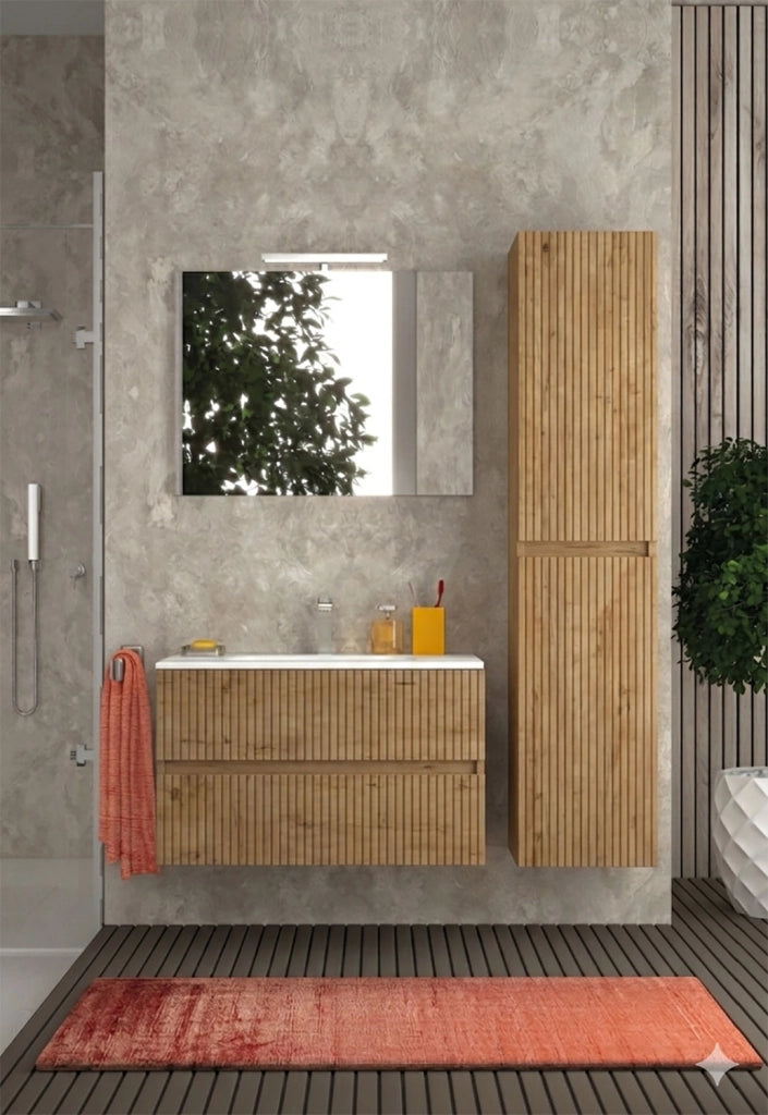 Mobile da Bagno Sospeso con Lavabo 90 cm e Specchio Urano Light Rovere Miele