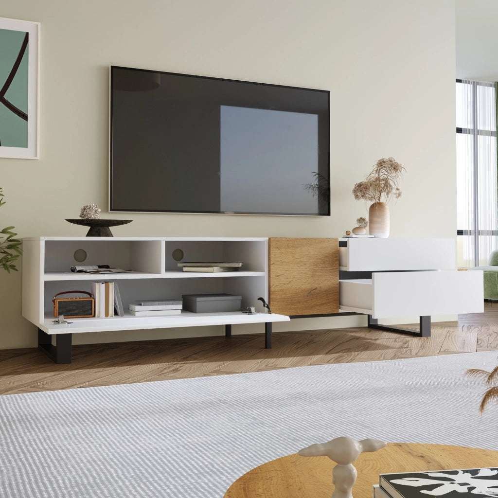 OKWISH Mobile TV con 2 Ante 2 Cassetti e 2 Vani Aperti, Stile Moderno per Soggiorno, MDF Bianco e Legno 180 x 38 x 50 cm