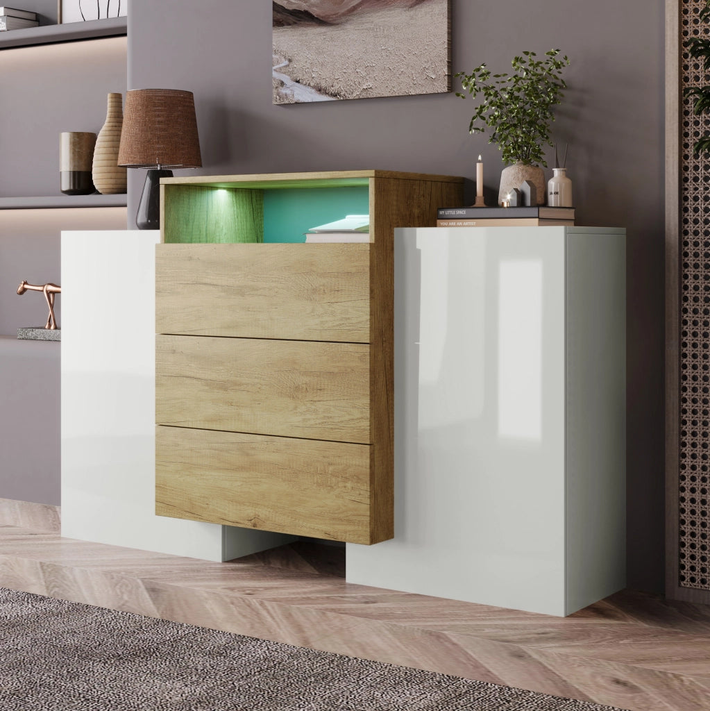 Credenza 140x30x77.5 cm con LED multicolore e 3 cassetti in MDF