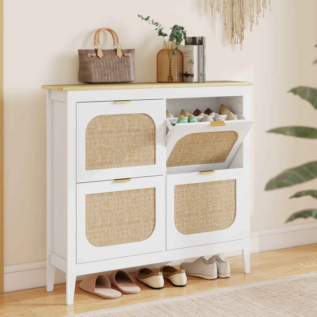 Scarpiera con 4 cassetti e ante effetto rattan ¨C Zephmum ¨C Bianco 105x24x95.5 cm