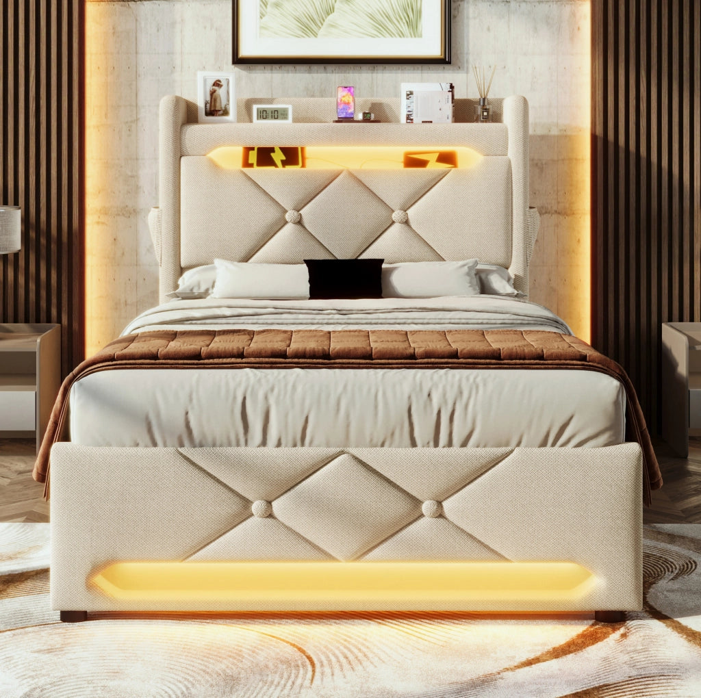 Letto imbottito 90x200 con materasso, LED, USB e vano contenitore
