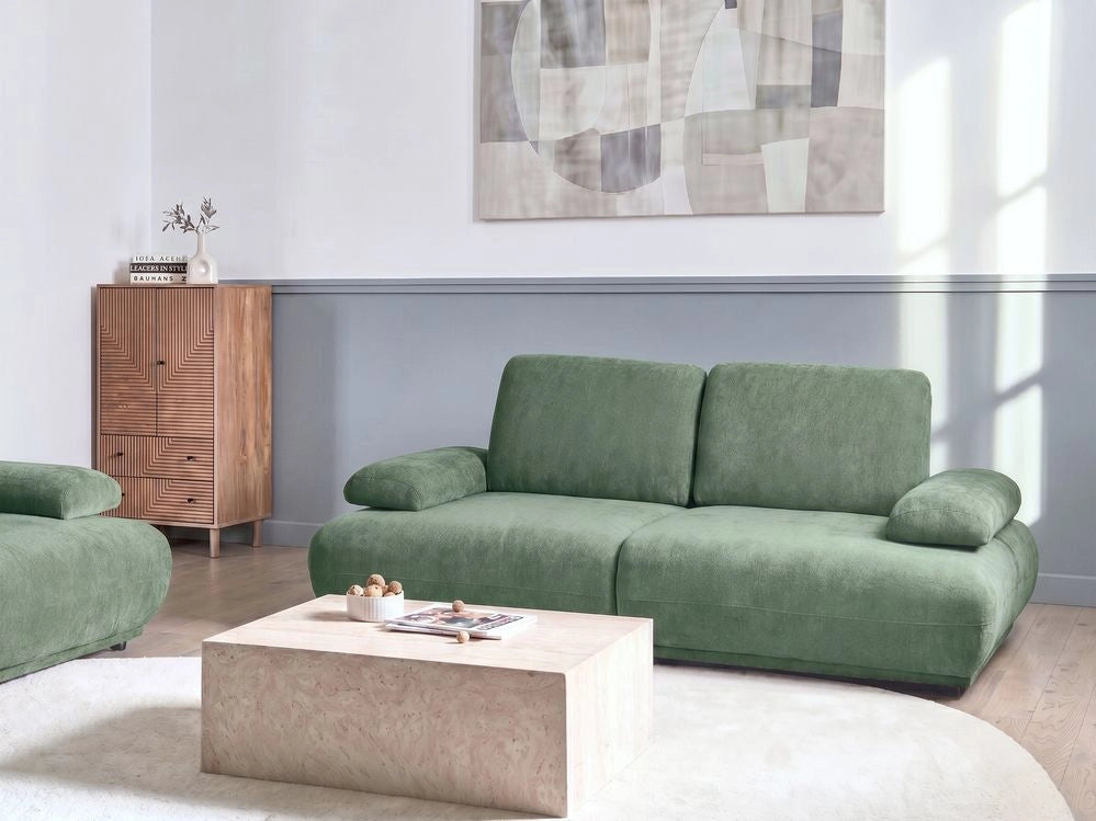 Divano a 3 posti Rivestimento in tessuto verde chiaro Schienale e braccioli regolabili Gambe in legno Soggiorno Moderno
